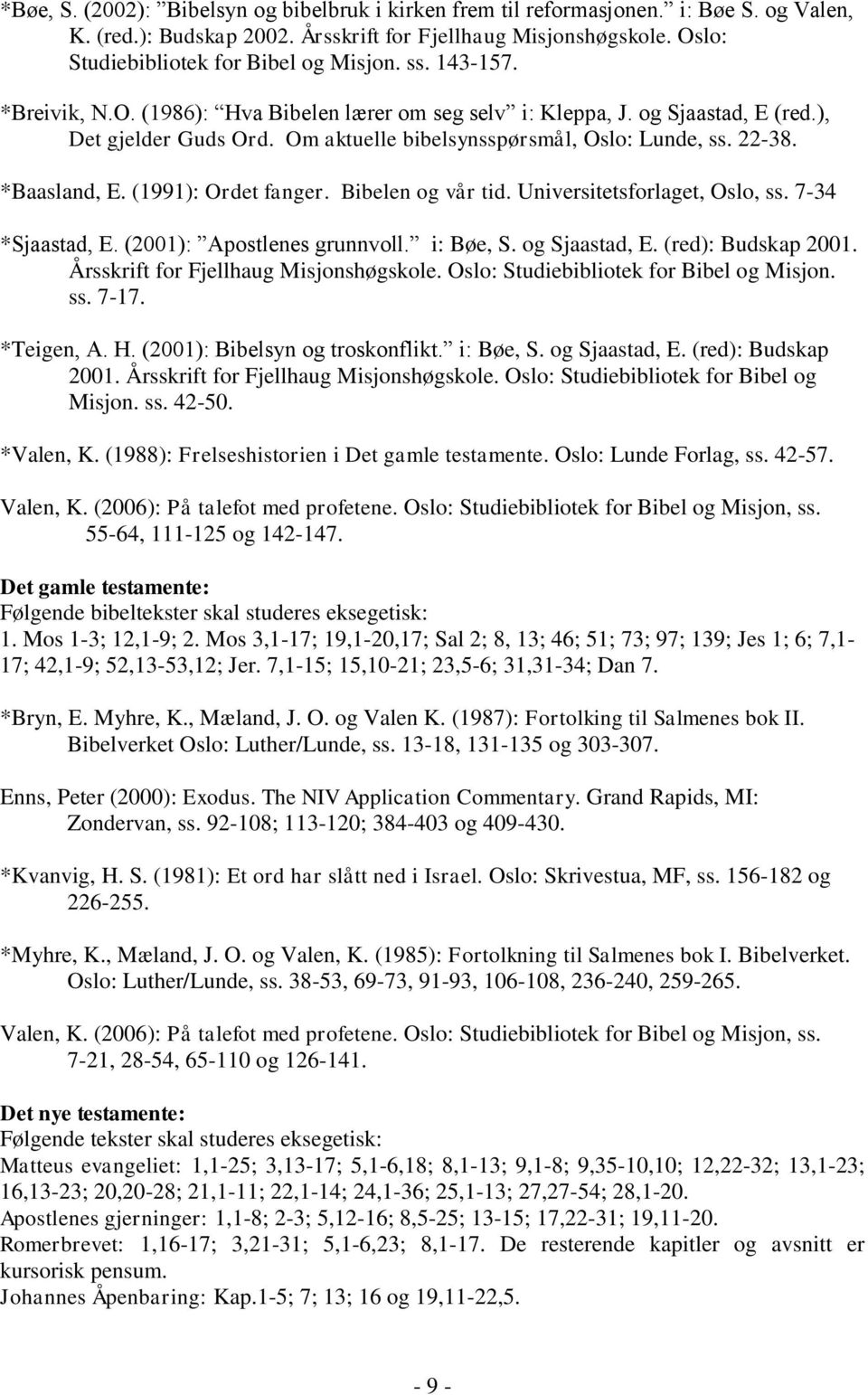 (1991): Ordet fanger. Bibelen og vår tid. Universitetsforlaget, Oslo, ss. 7-34 *Sjaastad, E. (2001): Apostlenes grunnvoll. i: Bøe, S. og Sjaastad, E. (red): Budskap 2001.