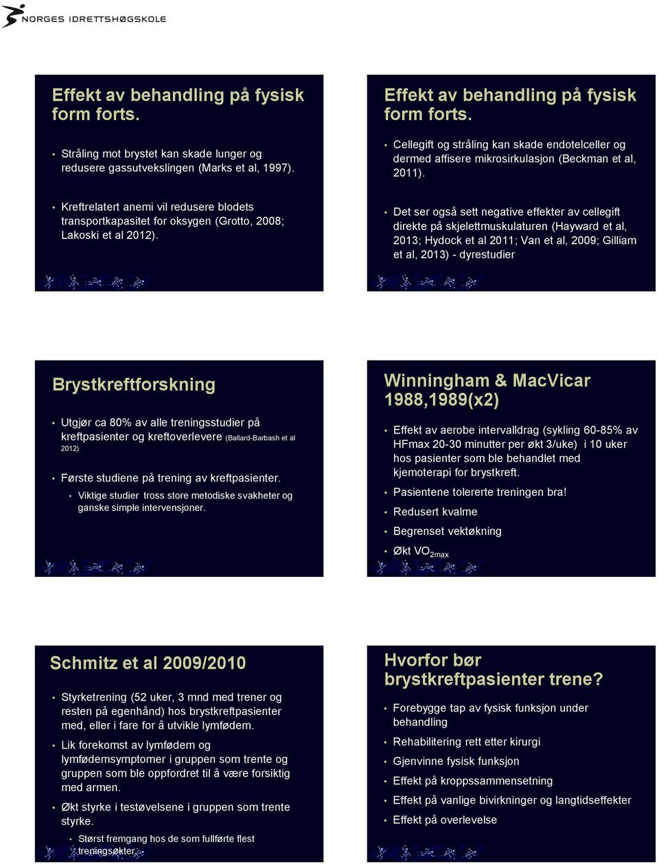 Det ser også sett negative effekter av cellegift direkte på skjelettmuskulaturen (Hayward et al, 2013; Hydock et al 2011; Van et al, 2009; Gilliam et al, 2013) - dyrestudier Brystkreftforskning