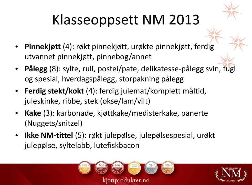 stekt/kokt (4): ferdig julemat/komplett måltid, juleskinke, ribbe, stek (okse/lam/vilt) Kake (3): karbonade,