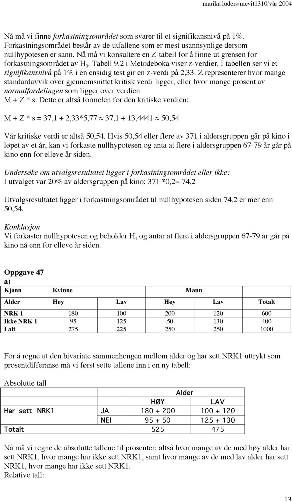 I tabellen ser vi et signifikansnivå på 1% i en ensidig test gir en z-verdi på 2,33.