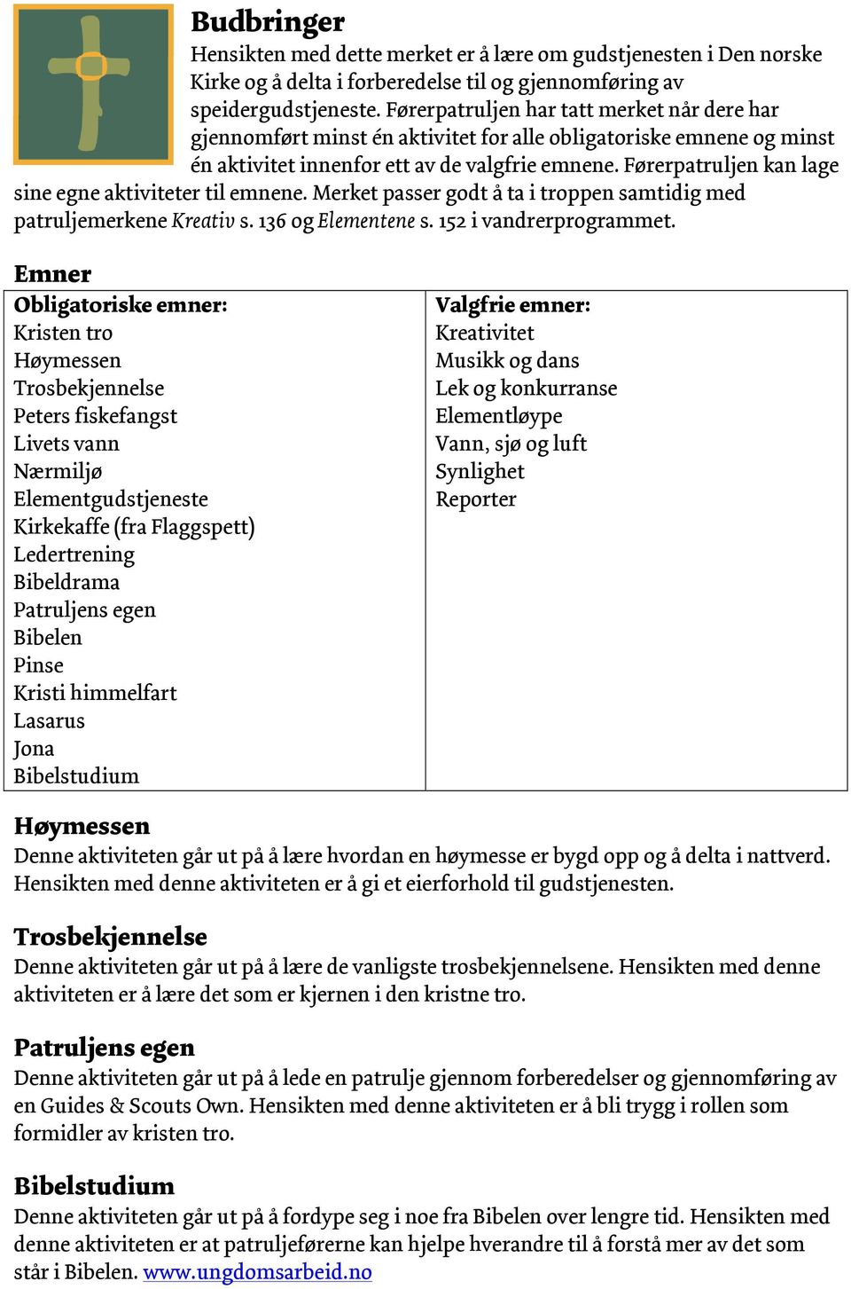 Førerpatruljen kan lage sine egne aktiviteter til emnene. Merket passer godt å ta i troppen samtidig med patruljemerkene Kreativ s. 136 og Elementene s. 152 i vandrerprogrammet.