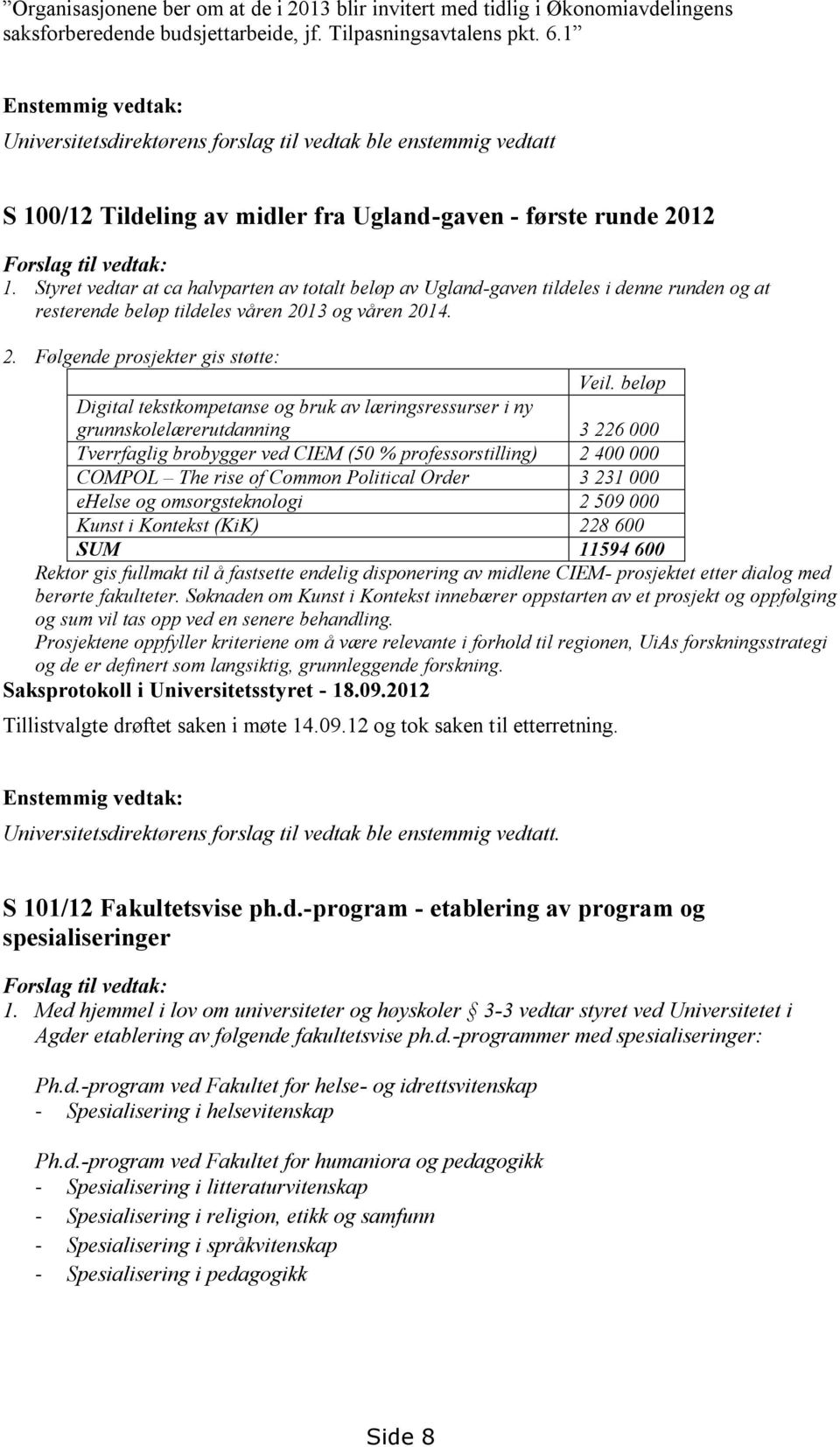 Styret vedtar at ca halvparten av totalt beløp av Ugland-gaven tildeles i denne runden og at resterende beløp tildeles våren 2013 og våren 2014. 2. Følgende prosjekter gis støtte: Veil.