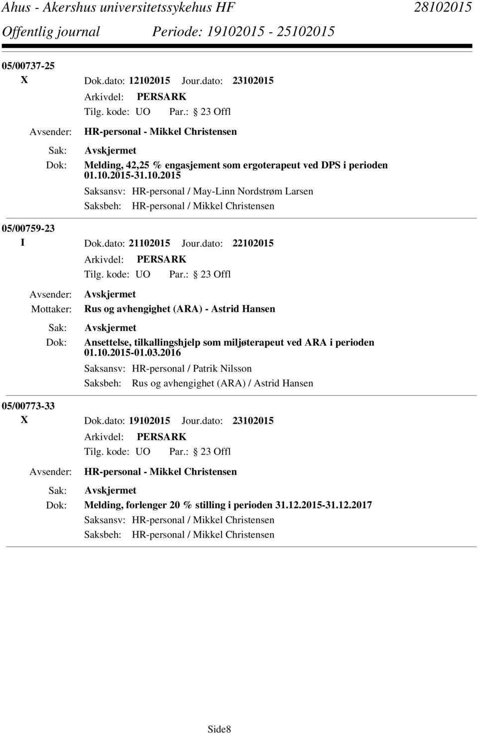 03.2016 Saksansv: HR-personal / Patrik Nilsson Saksbeh: Rus og avhengighet (ARA) / Astrid Hansen 05/00773-33 X Dok.dato: 19102015 Jour.