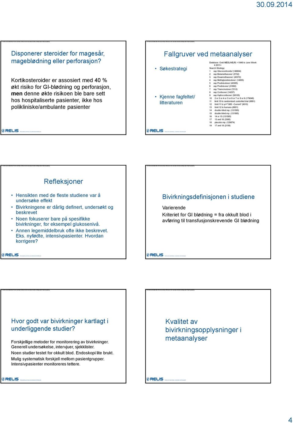 Fallgruver ved metaanalyser Søkestrategi Kjenne fagfeltet/ litteraturen Database: Ovid MEDLINE(R) <1948 to June Week 4 2011> Search Strategy: 1 exp Glucocorticoids/ (146604) 2 exp Betamethasone/