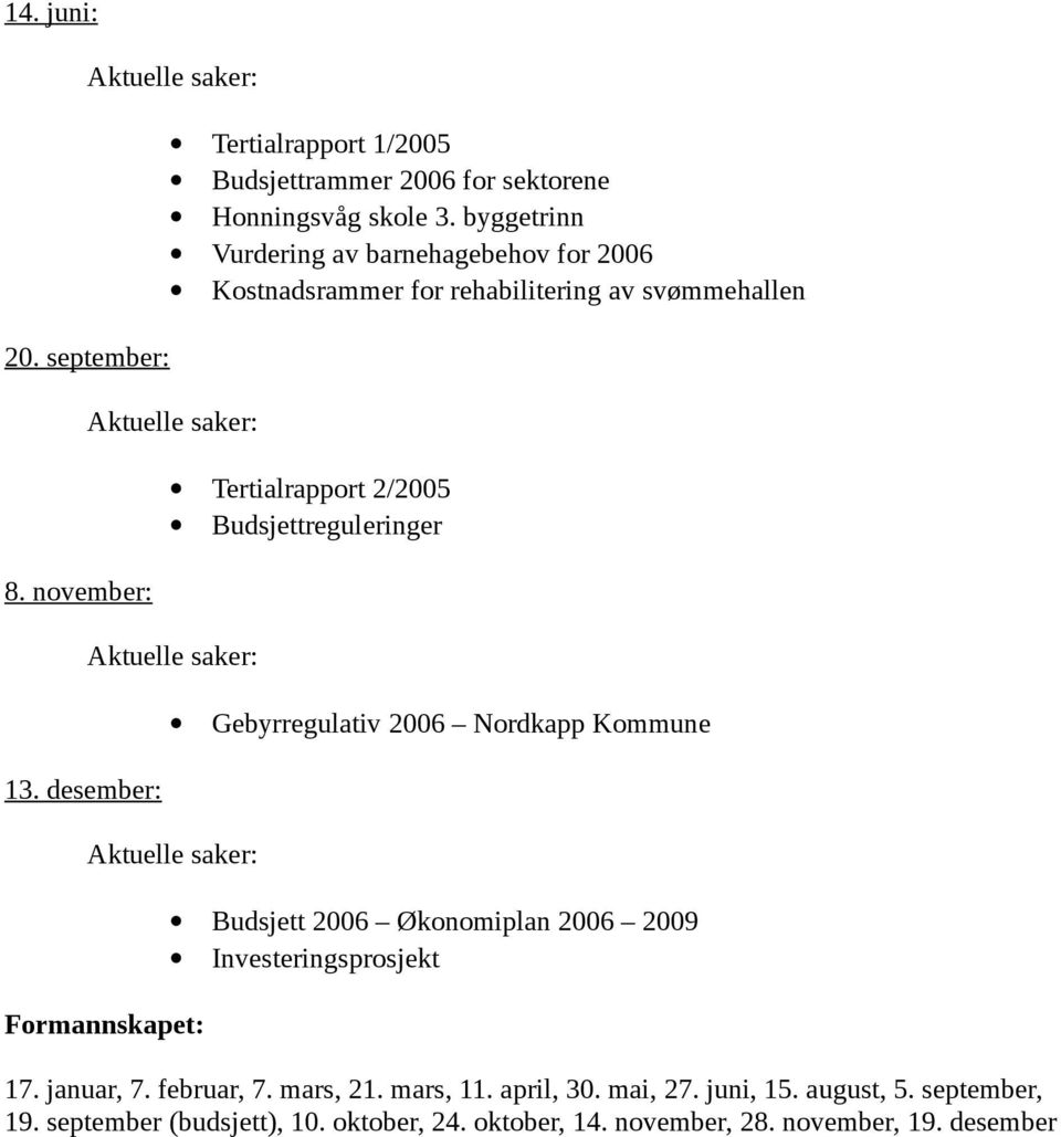 Aktuelle saker: Gebyrregulativ 2006 Nordkapp Kommune 13. desember: Aktuelle saker: Formannskapet: Budsjett 2006 Økonomiplan 2006 2009 Investeringsprosjekt 17.