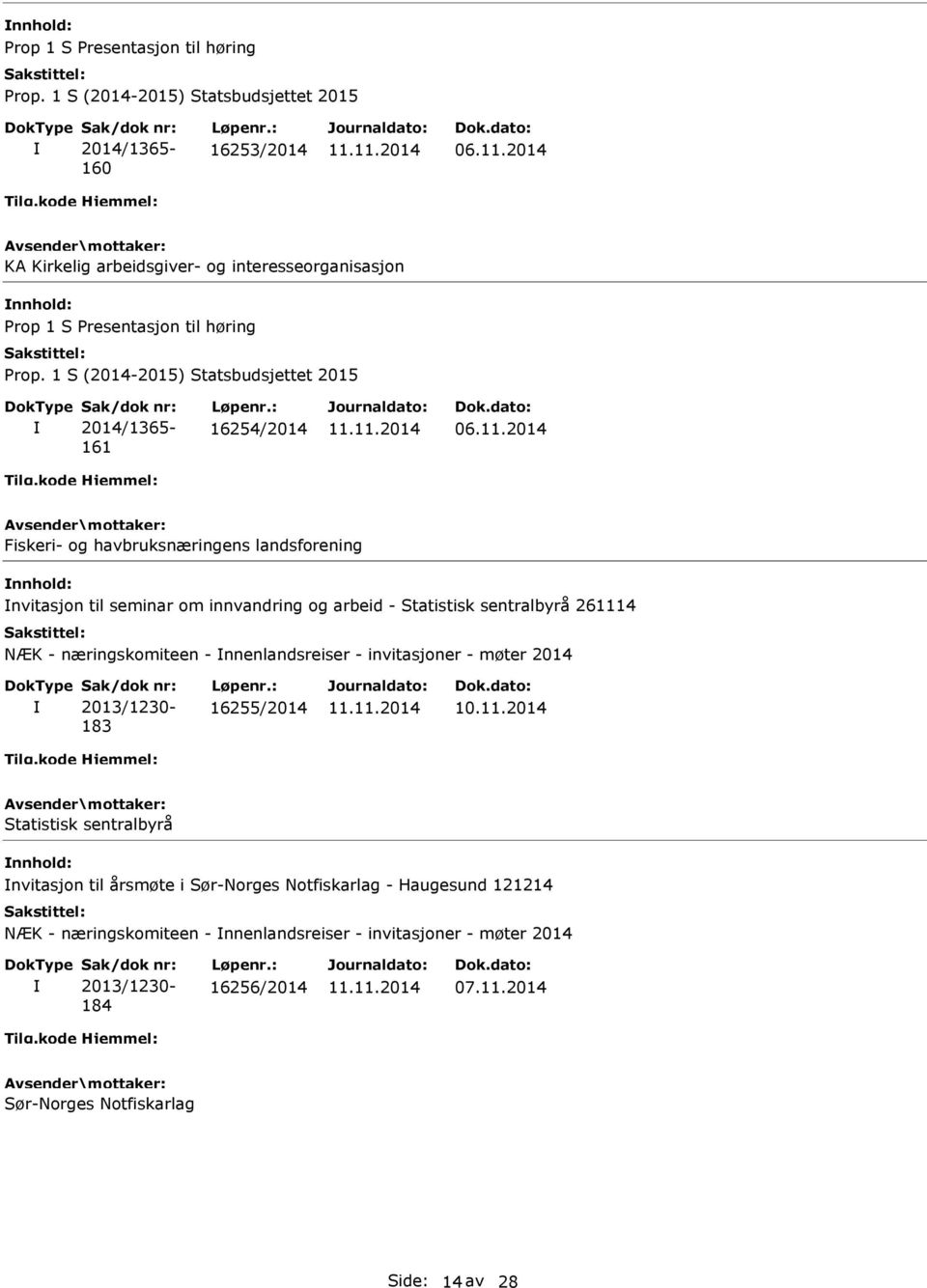 næringskomiteen - nnenlandsreiser - invitasjoner - møter 2014 2013/1230-183 16255/2014 Statistisk sentralbyrå nnhold: nvitasjon til årsmøte i Sør-Norges