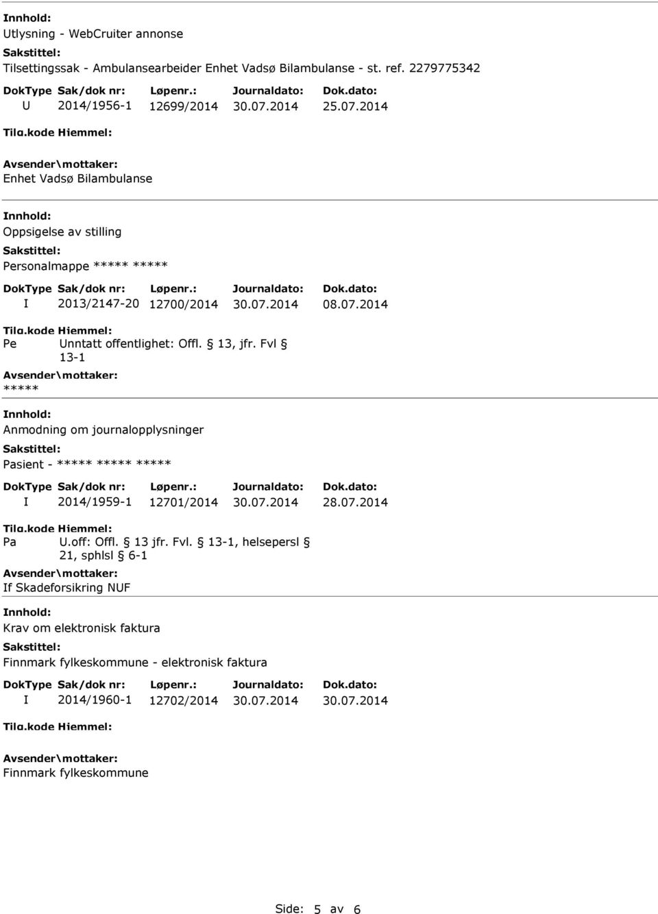 Fvl 13-1 ***** Anmodning om journalopplysninger Pasient - ***** 2014/1959-1 12701/2014 28.07.2014 Pa.off: Offl. 13 jfr. Fvl.