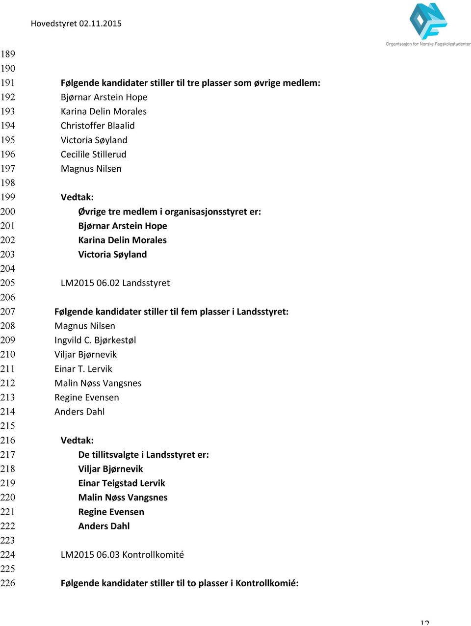 Delin Morales Victoria Søyland LM2015 06.02 Landsstyret Følgende kandidater stiller til fem plasser i Landsstyret: Magnus Nilsen Ingvild C. Bjørkestøl Viljar Bjørnevik Einar T.