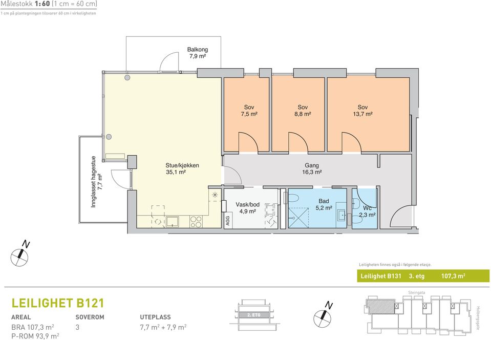 16,3 m² 2,3 m² 16,3 m² 13,7 m² 13,7 m² 2,3 m² 2,3 m² 2,3 m² Leiligheten finnes også i følgende etasje.