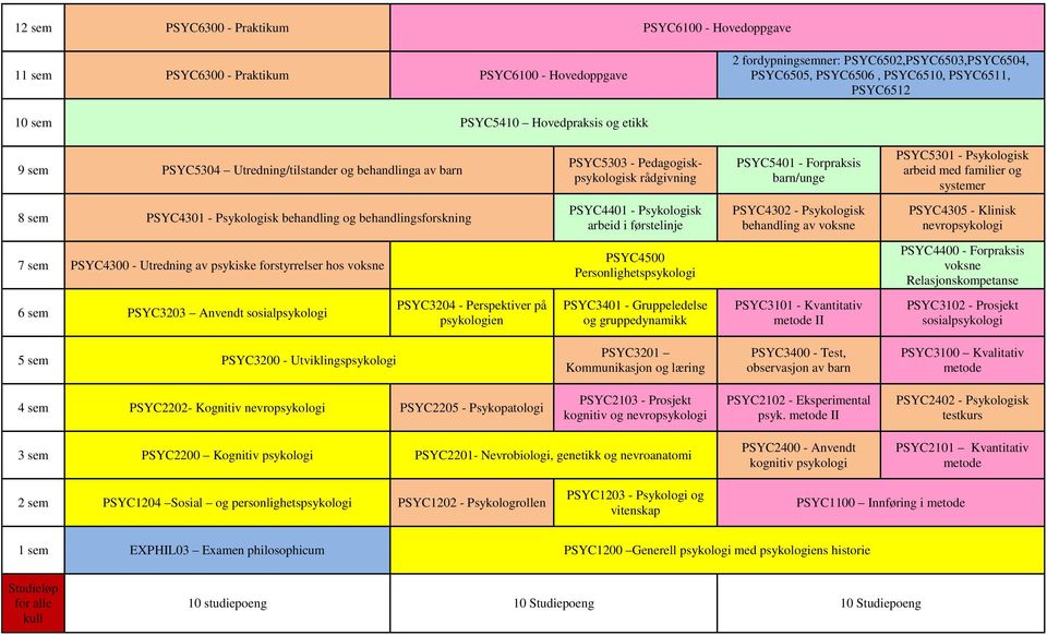 Psykologisk arbeid med familier og systemer 8 sem PSYC4301 - Psykologisk behandling og behandlingsforskning PSYC4401 - Psykologisk arbeid i førstelinje PSYC4302 - Psykologisk behandling av voksne