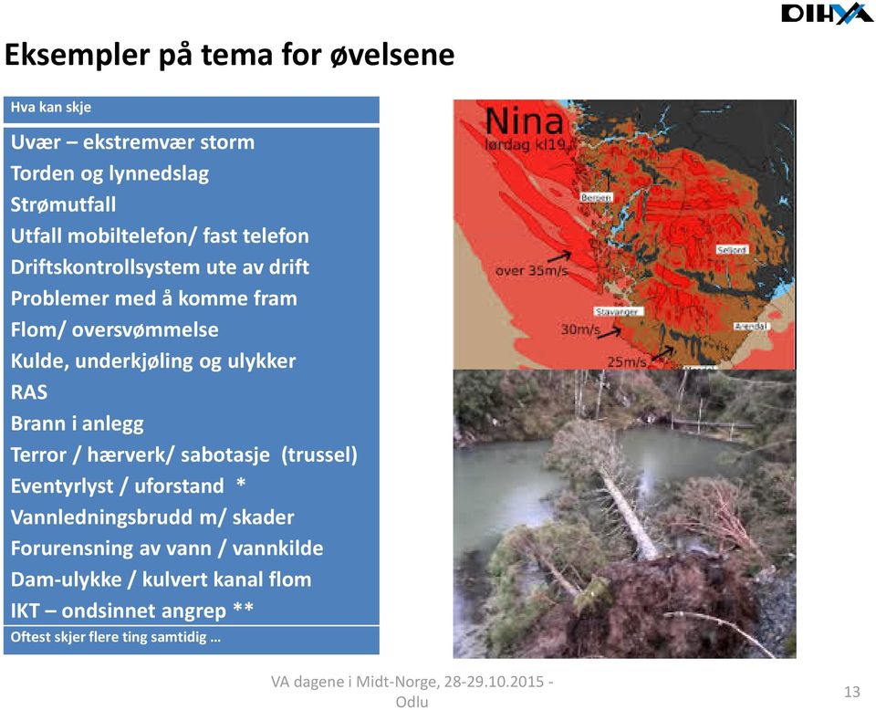 ulykker RAS Brann i anlegg Terror / hærverk/ sabotasje (trussel) Eventyrlyst / uforstand * Vannledningsbrudd m/ skader