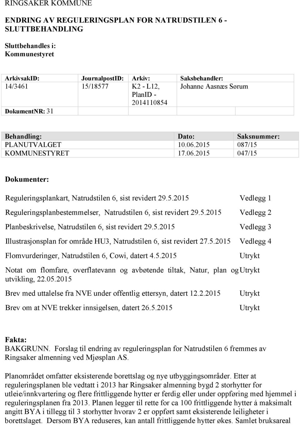 5.2015 Vedlegg 1 Reguleringsplanbestemmelser, Natrudstilen 6, sist revidert 29.5.2015 Vedlegg 2 Planbeskrivelse, Natrudstilen 6, sist revidert 29.5.2015 Vedlegg 3 Illustrasjonsplan for område HU3, Natrudstilen 6, sist revidert 27.