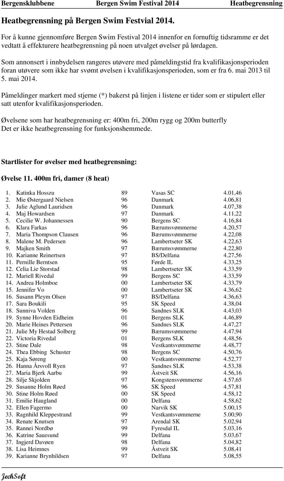 Som annonsert i innbydelsen rangeres utøvere med påmeldingstid fra kvalifikasjonsperioden foran utøvere som ikke har svømt øvelsen i kvalifikasjonsperioden, som er fra 6. mai 2013 til 5. mai 2014.