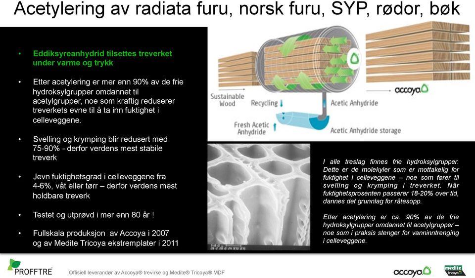 Svelling og krymping blir redusert med 75-90% - derfor verdens mest stabile treverk Jevn fuktighetsgrad i celleveggene fra 4-6%, våt eller tørr derfor verdens mest holdbare treverk Testet og utprøvd