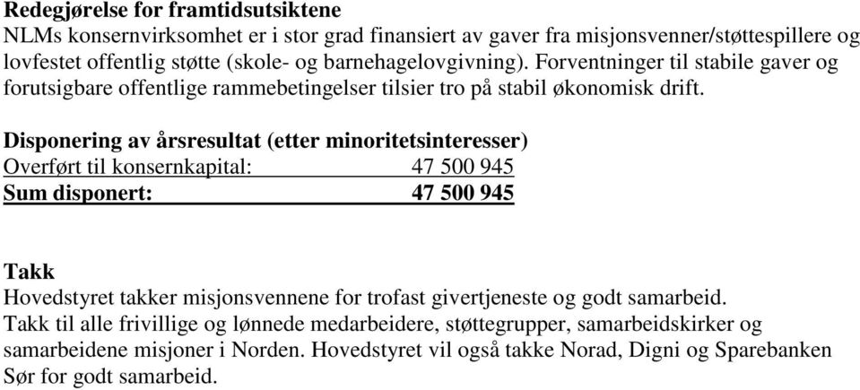 Disponering av årsresultat (etter minoritetsinteresser) Overført til konsernkapital: 47 5 945 Sum disponert: 47 5 945 Takk Hovedstyret takker misjonsvennene for trofast