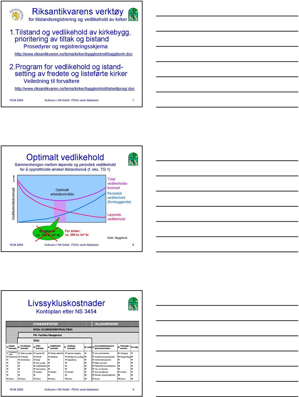 doc 19.04.2004 Kulturarv i fritt forfall - FDVU samt databaser 7 Optimalt vedlikehold Sammenhengen mellom løpende og periodisk vedlikehold for å opprettholde ønsket tilstandsnivå (f. eks.