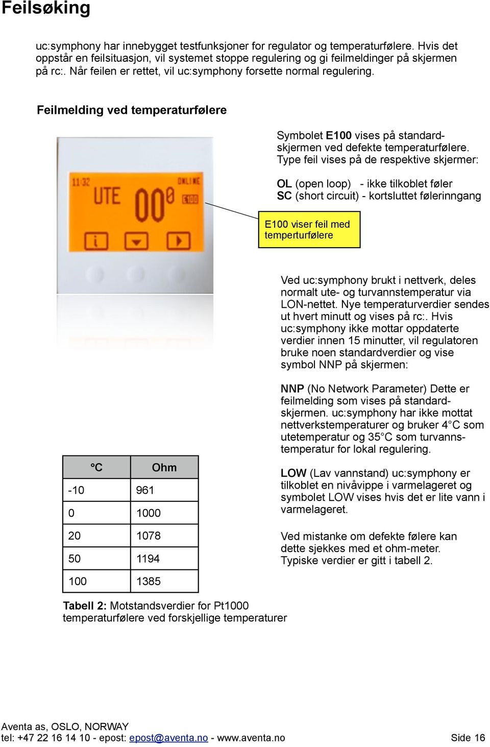 Type feil vises på de respektive skjermer: OL (open loop) - ikke tilkoblet føler SC (short circuit) - kortsluttet følerinngang E100 viser feil med temperturfølere Ved uc:symphony brukt i nettverk,