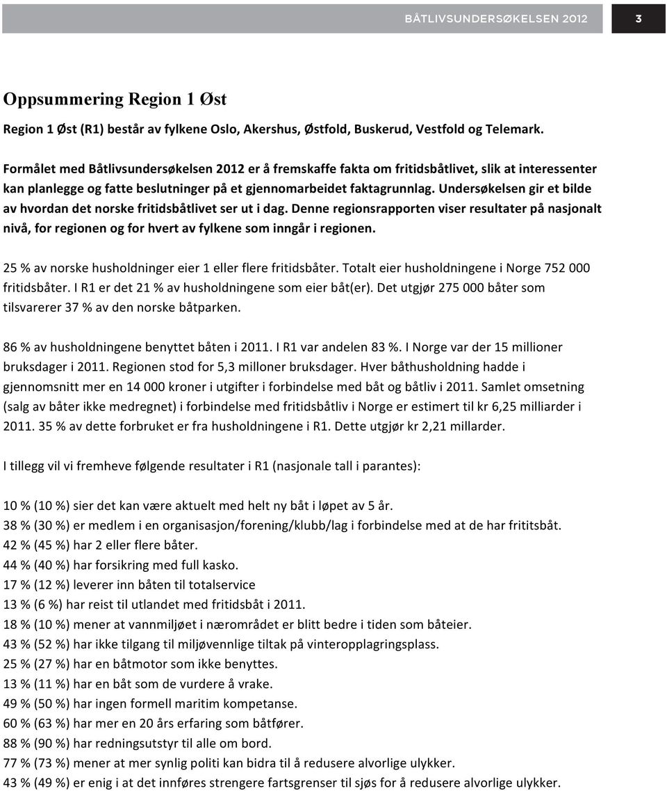 Undersøkelsen gir et bilde av hvordan det norske fritidsbåtlivet ser ut i dag. Denne regionsrapporten viser resultater på nasjonalt nivå, for regionen og for hvert av fylkene som inngår i regionen.