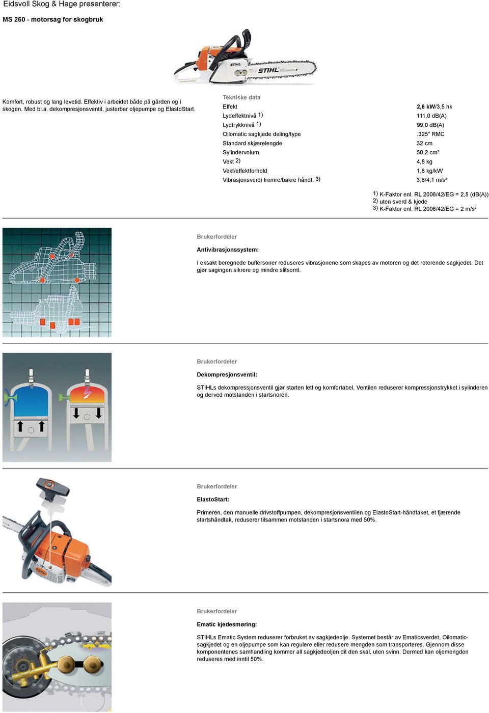 3) 2,6 kw/3,5 hk 111,0 db(a) 99,0 db(a).325" RMC 32 cm 50,2 cm 4,8 kg 1,8 kg/kw 3,6/4,1 m/s 1) K-Faktor enl. RL 2006/42/EG = 2,5 (db(a)) 2) uten sverd & kjede 3) K-Faktor enl.