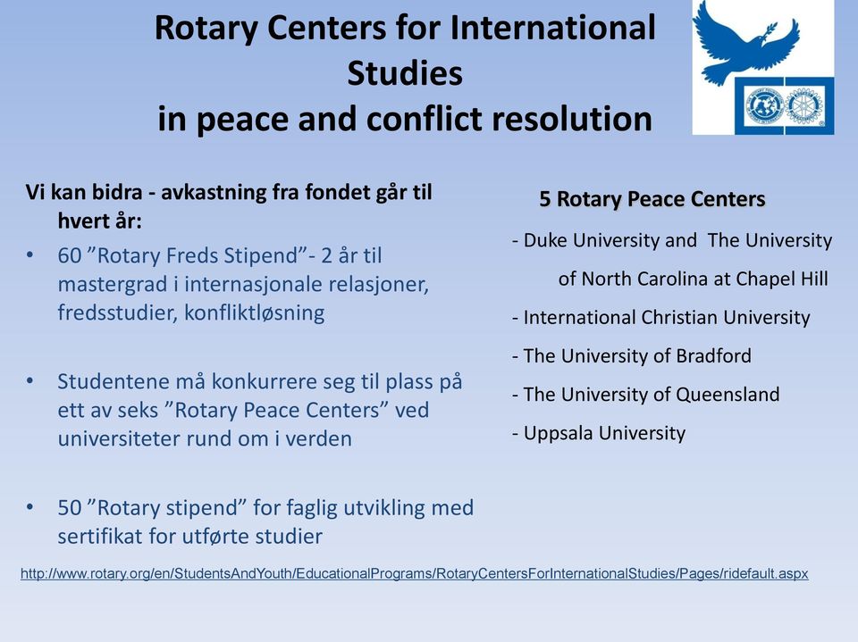 Studentene må konkurrere seg til plass på ett av seks Rotary Peace Centers ved universiteter rund om i verden - The University of Bradford - The University of Queensland - Uppsala