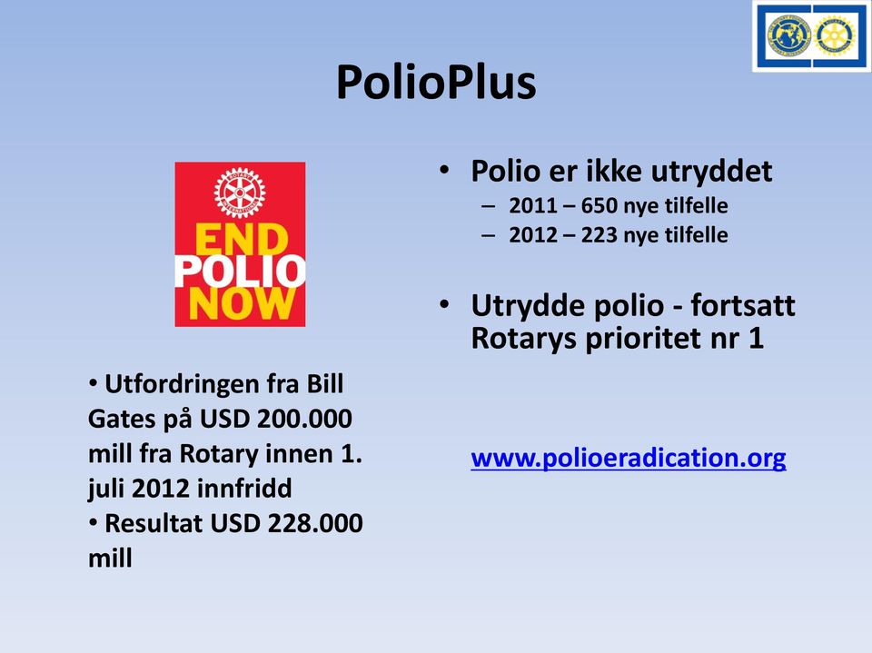 000 mill fra Rotary innen 1. juli 2012 innfridd Resultat USD 228.