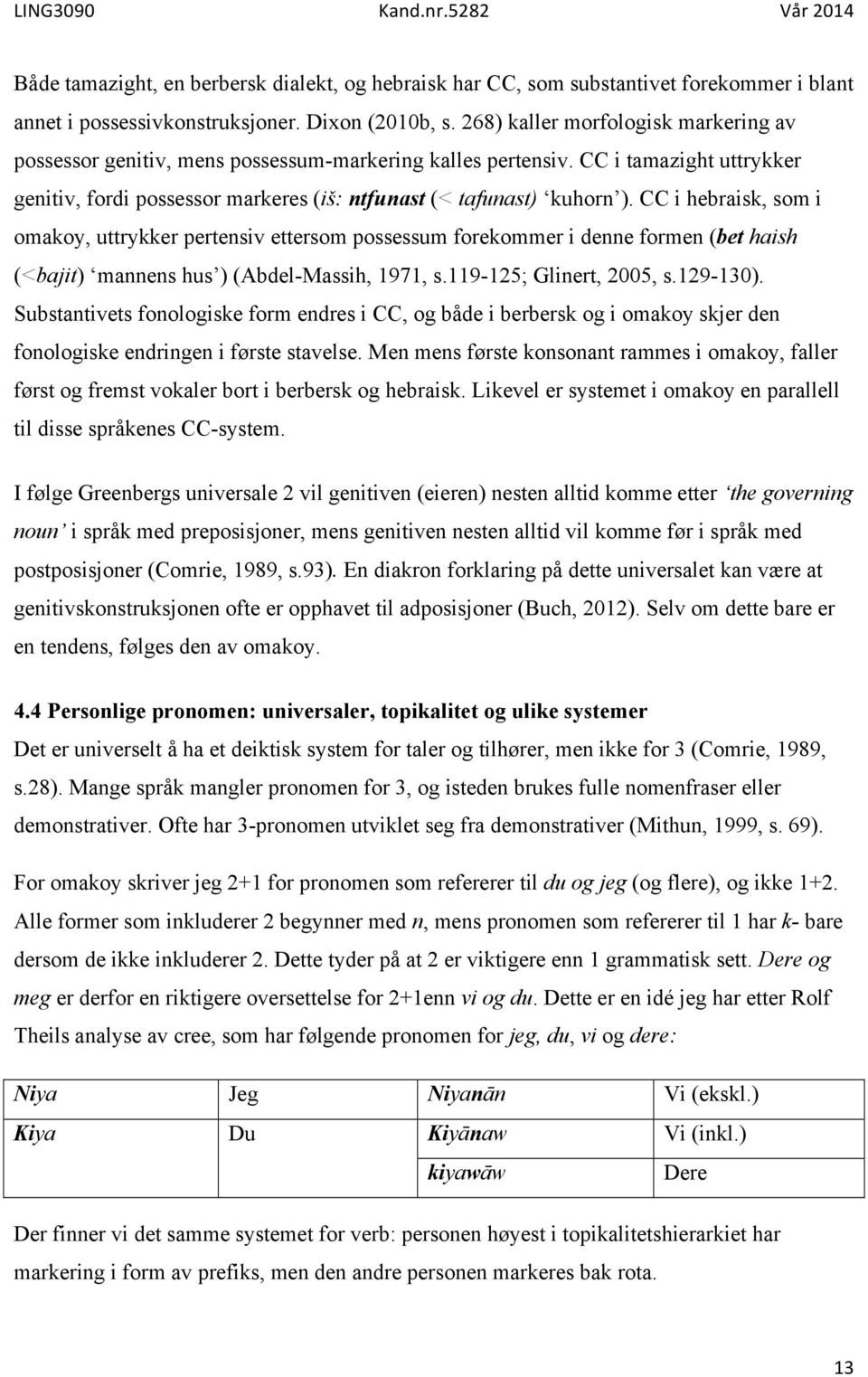 CC i hebraisk, som i omakoy, uttrykker pertensiv ettersom possessum forekommer i denne formen (bet haish (<bajit) mannens hus ) (Abdel-Massih, 1971, s.119-125; Glinert, 2005, s.129-130).