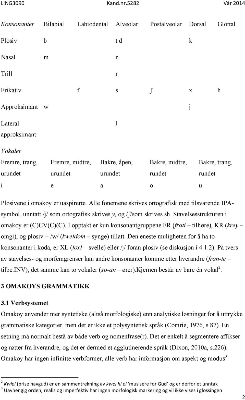 Alle fonemene skrives ortografisk med tilsvarende IPAsymbol, unntatt /j/ som ortografisk skrives y, og /ʃ/som skrives sh. Stavelsesstrukturen i omakoy er (C)CV(C)(C).