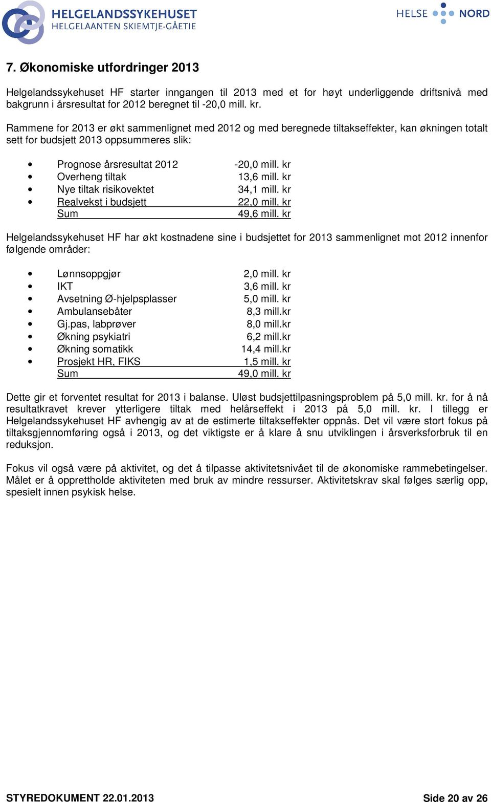 kr Overheng tiltak 13,6 mill. kr Nye tiltak risikovektet 34,1 mill. kr Realvekst i budsjett 22,0 mill. kr Sum 49,6 mill.