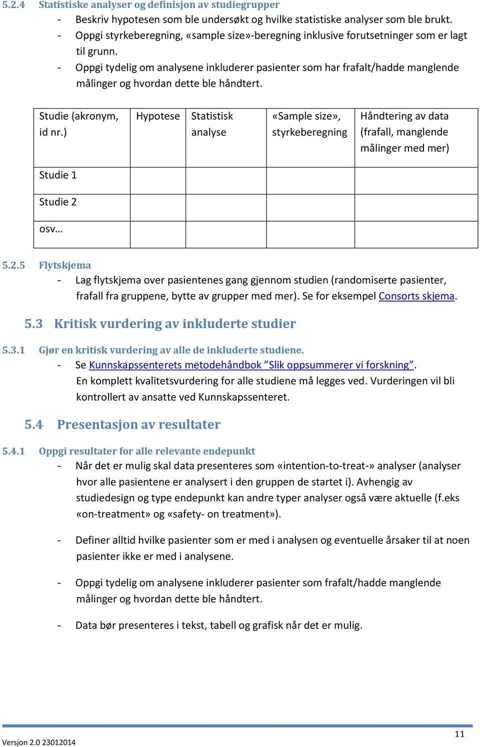 - Oppgi tydelig om analysene inkluderer pasienter som har frafalt/hadde manglende målinger og hvordan dette ble håndtert. Studie (akronym, id nr.