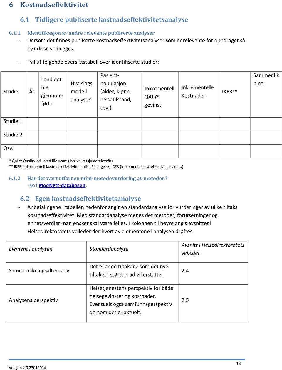 ) Inkrementell QALY* gevinst Inkrementelle Kostnader IKER** Sammenlik ning Studie 1 Studie 2 Osv.