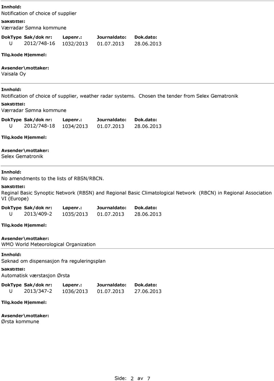 Chosen the tender from Selex Gematronik Værradar Sømna kommune 2012/748-18 1034/2013 Selex Gematronik No amendments to the lists of RBSN/RBCN.