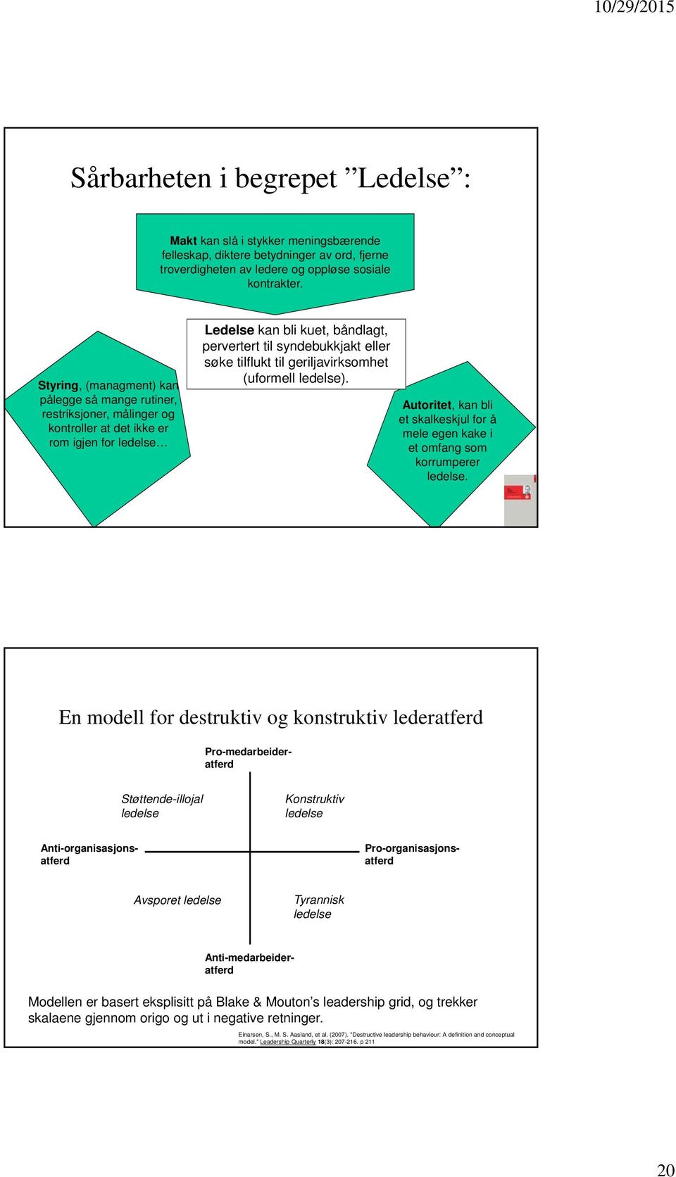 tilflukt til geriljavirksomhet (uformell ledelse). Autoritet, kan bli et skalkeskjul for å mele egen kake i et omfang som korrumperer ledelse.