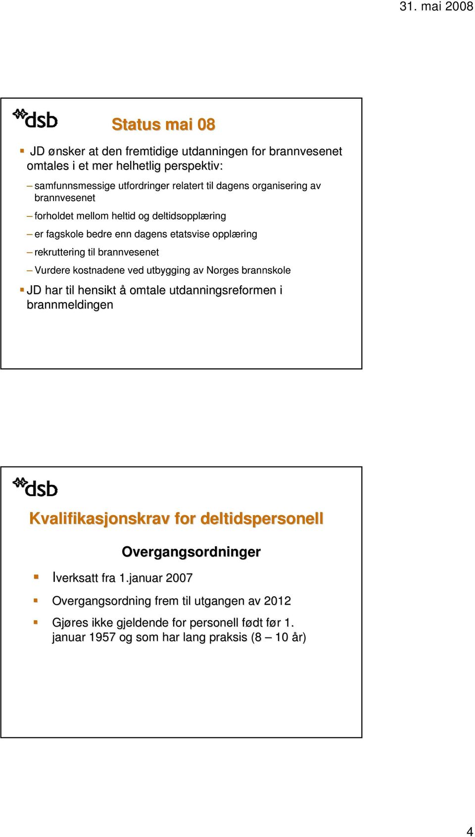 kostnadene ved utbygging av Norges brannskole JD har til hensikt å omtale utdanningsreformen i brannmeldingen Kvalifikasjonskrav for deltidspersonell