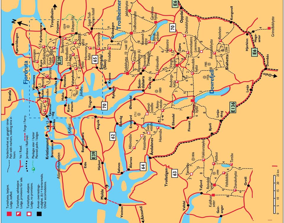 Path with markers, walking time in hours. Vei / Road. Jernbane / Railroad. Planlagte stier / hytter Planned paths / lodges Kristiansund Bremsnes Batnfjordsøra Åndalsnes Ferge / Ferry.