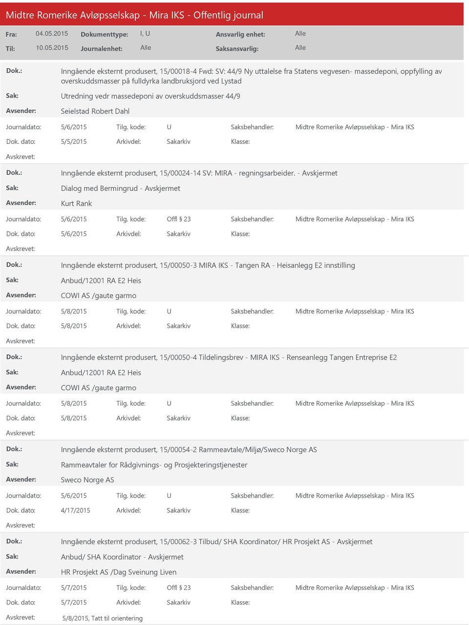 - Avskjermet Dialog med Bermingrud - Avskjermet Kurt Rank 5/6/2015 Inngående eksternt produsert, 15/00050-3 MIRA IKS - Tangen RA - Heisanlegg E2 innstilling Anbud/12001 RA E2 Heis COWI AS /gaute