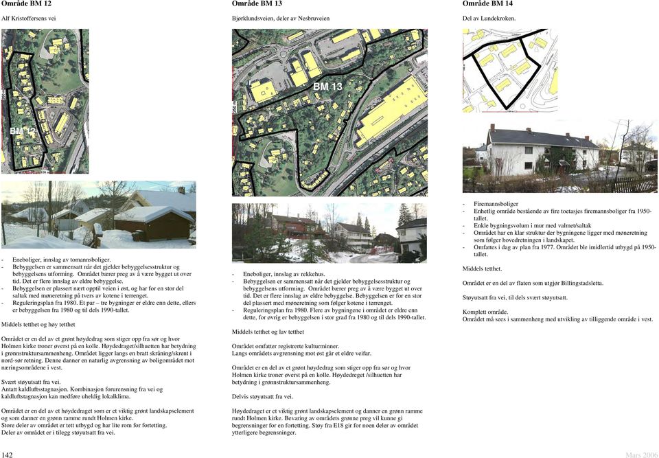 - Bebyggelsen er plassert nært opptil veien i øst, og har for en stor del saltak med møneretning på tvers av kotene i terrenget. - Reguleringsplan fra 1980.