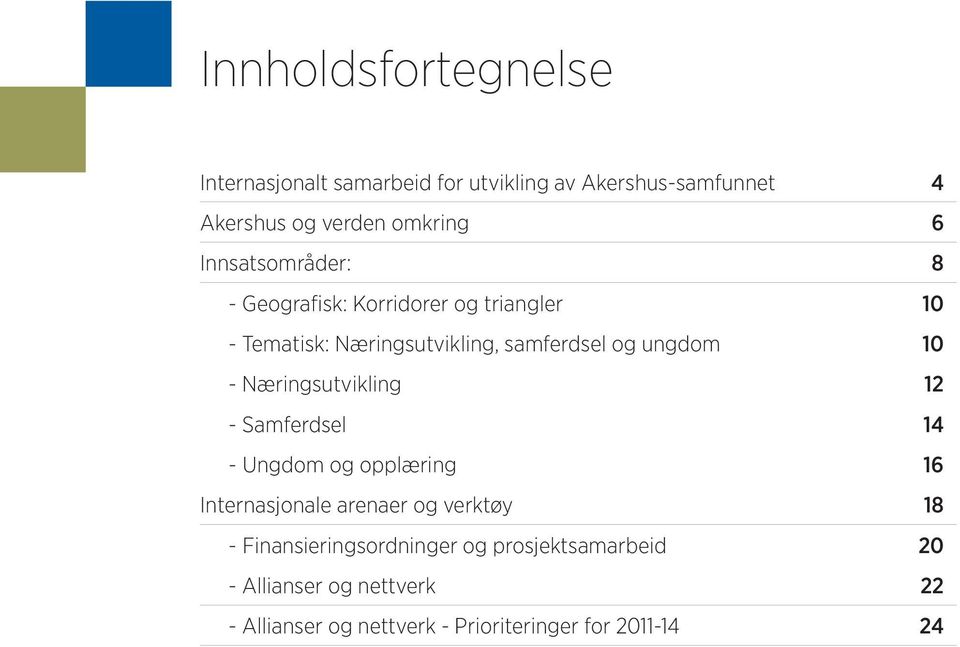 - Næringsutvikling 12 - Samferdsel 14 - Ungdom og opplæring 16 Internasjonale arenaer og verktøy 18 -