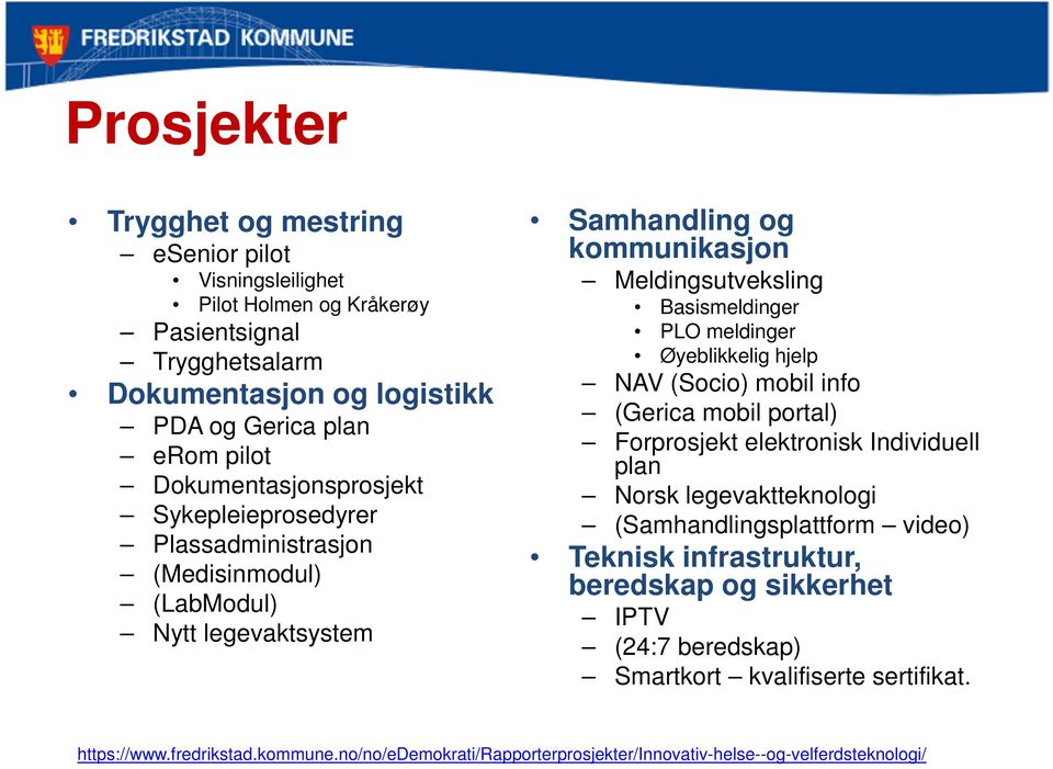 meldinger Øyeblikkelig hjelp NAV (Socio) mobil info (Gerica mobil portal) Forprosjekt elektronisk Individuell plan Norsk legevaktteknologi (Samhandlingsplattform video) Teknisk