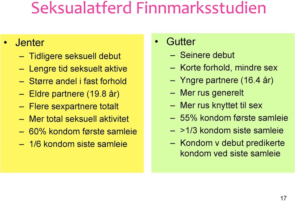 8 år) Flere sexpartnere totalt Mer total seksuell aktivitet 60% kondom første samleie 1/6 kondom siste samleie