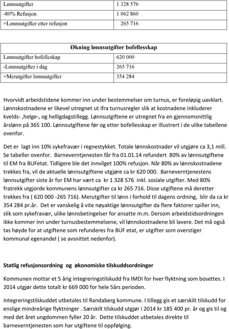 Lønnskostnadene er likevel utregnet ut ifra turnusregler slik at kostnadene inkluderer kvelds-,helge-, og helligdagstillegg. Lønnsutgiftene er utregnet fra en gjennomsnittlig årslønn på 365 100.