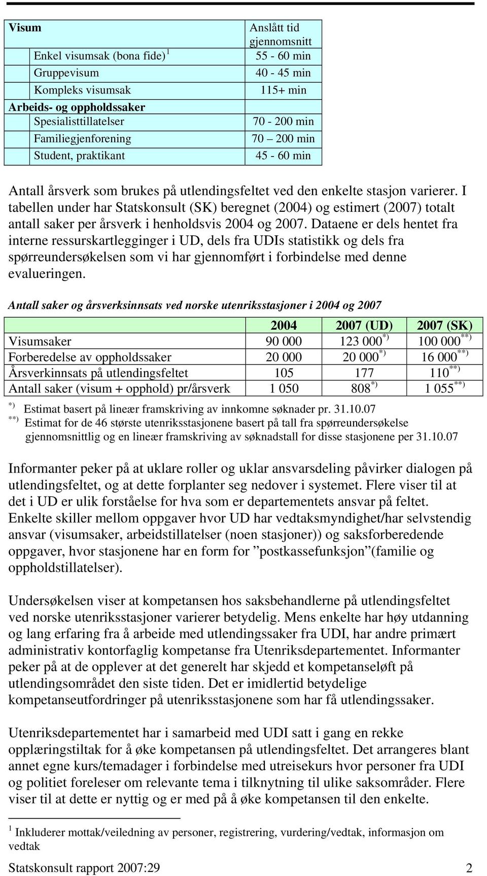 I tabellen under har Statskonsult (SK) beregnet (2004) og estimert (2007) totalt antall saker per årsverk i henholdsvis 2004 og 2007.