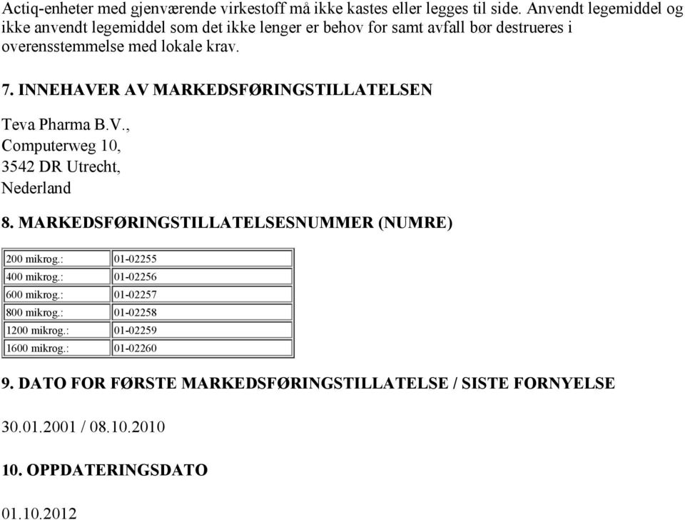 INNEHAVER AV MARKEDSFØRINGSTILLATELSEN Teva Pharma B.V., Computerweg 10, 3542 DR Utrecht, Nederland 8. MARKEDSFØRINGSTILLATELSESNUMMER (NUMRE) 200 mikrog.