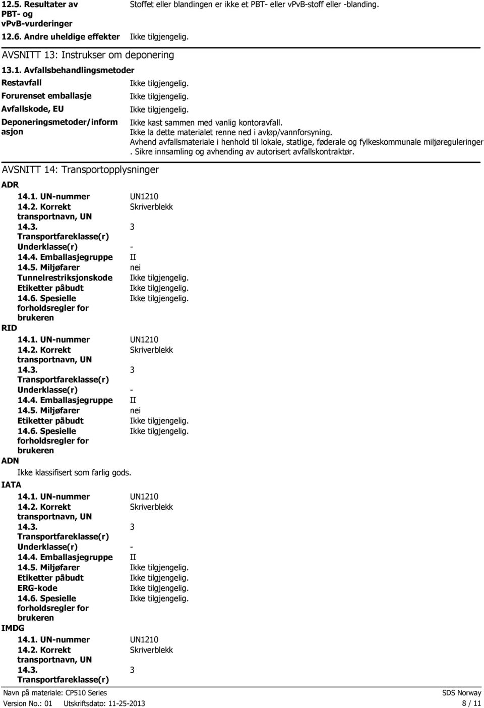 0 14.2. Korrekt Skriverblekk transportnavn, UN 14.3. 3 Transportfareklasse(r) Underklasse(r) 14.4. Emballasjegruppe II 14.5. Miljøfarer nei Tunnelrestriksjonskode Etiketter påbudt 14.6.