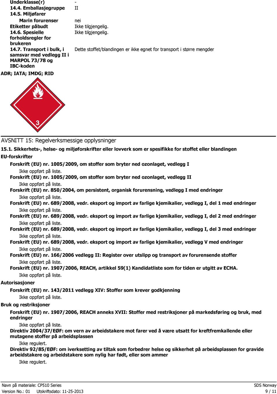 opplysninger 15.1. Sikkerhets, helse og miljøforskrifter eller lovverk som er spesifikke for stoffet eller blandingen EUforskrifter Forskrift (EU) nr.