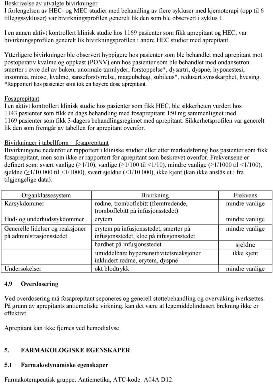 I en annen aktivt kontrollert klinisk studie hos 1169 pasienter som fikk aprepitant og HEC, var bivirkningsprofilen generelt lik bivirkningsprofilen i andre HEC studier med aprepitant.