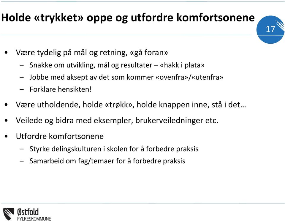 Være utholdende, holde «trøkk», holde knappen inne, stå i det Veilede og bidra med eksempler, brukerveiledninger