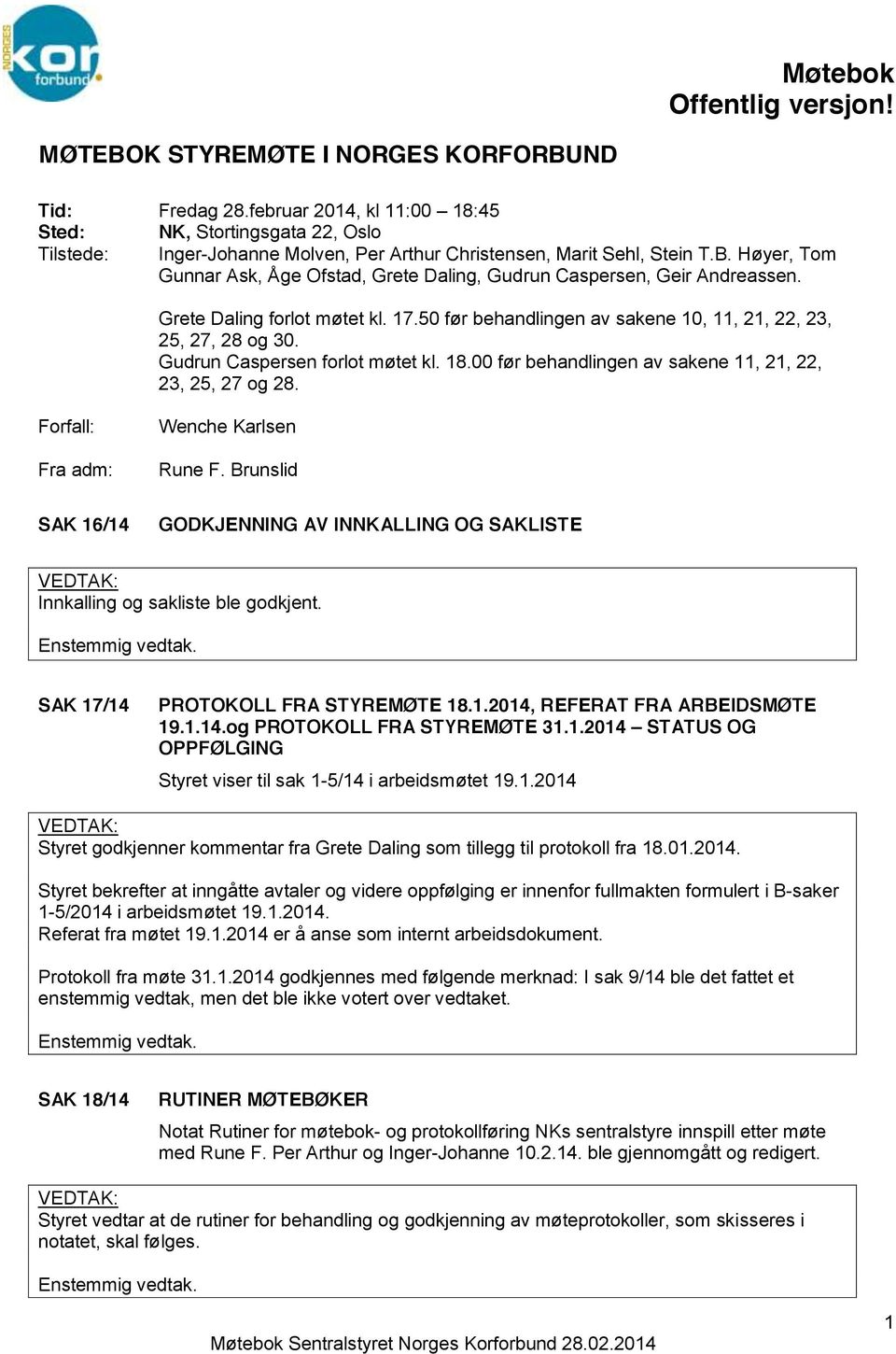 Forfall: Fra adm: Wenche Karlsen Rune F. Brunslid SAK 16/14 GODKJENNING AV INNKALLING OG SAKLISTE Innkalling og sakliste ble godkjent. SAK 17/14 PROTOKOLL FRA STYREMØTE 18.1.2014, REFERAT FRA ARBEIDSMØTE 19.