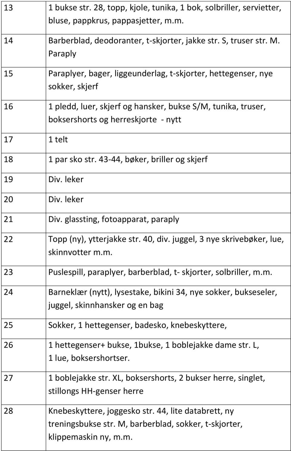 18 1 par sko str. 43-44, bøker, briller og skjerf 19 Div. leker 20 Div. leker 21 Div. glassting, fotoapparat, paraply 22 Topp (ny), ytterjakke str. 40, div.