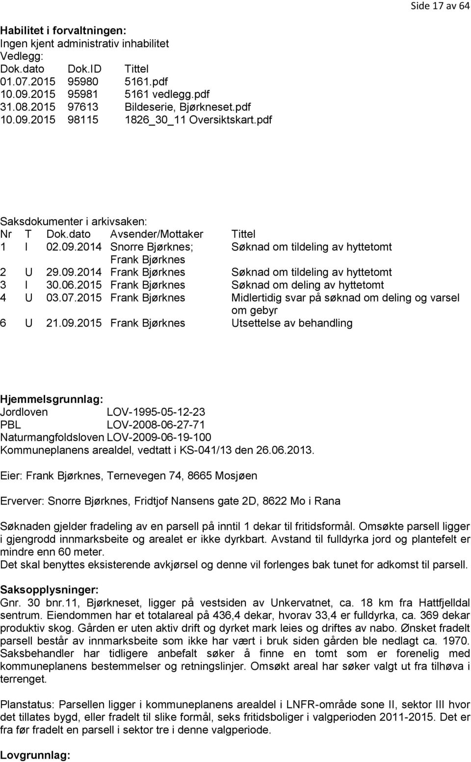 09.2014 Frank Bjørknes Søknad om tildeling av hyttetomt 3 I 30.06.2015 Frank Bjørknes Søknad om deling av hyttetomt 4 U 03.07.