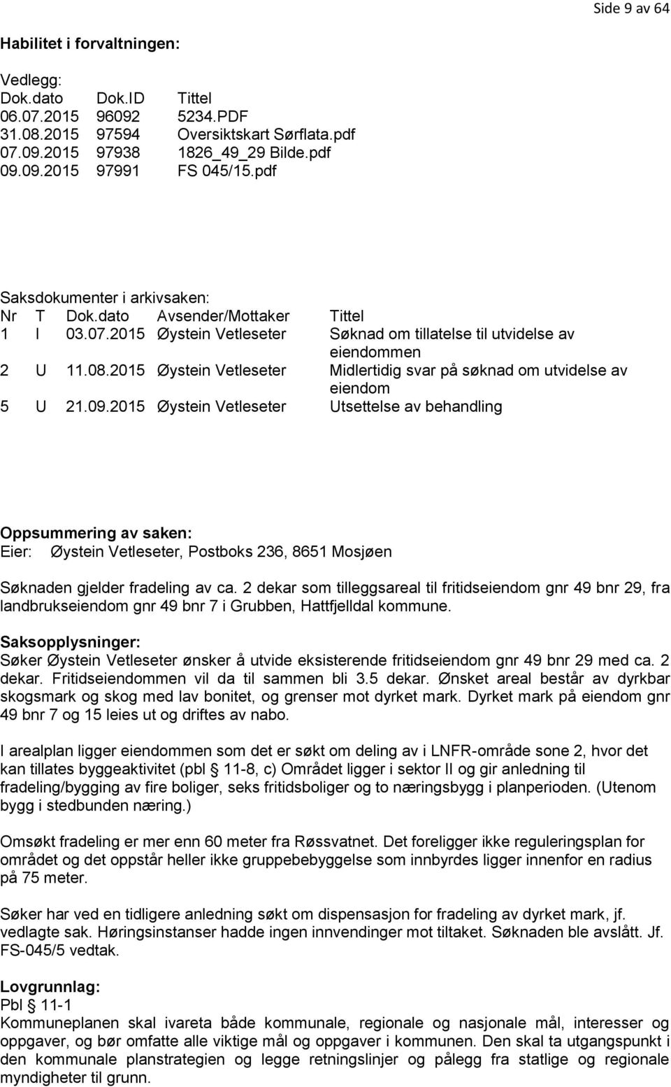 2015 Øystein Vetleseter Midlertidig svar på søknad om utvidelse av eiendom 5 U 21.09.